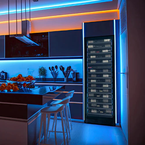 Dual zone wine cooler in upscale kitchen setting