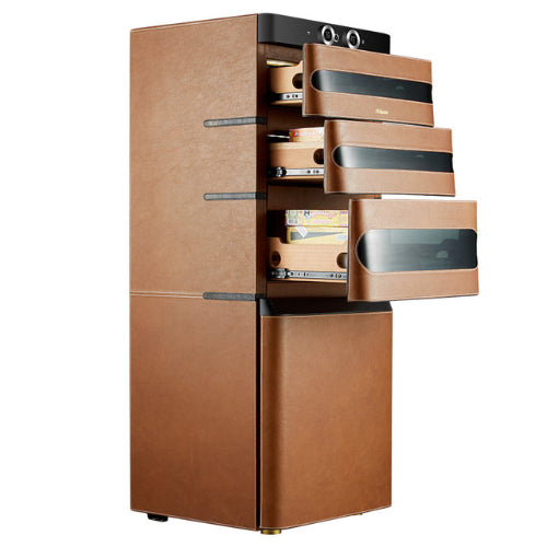 Afidano 1200 count cigar humidor with genuine leather exterior, Spanish cedar drawers, fingerprint lock, and climate control system for premium cigar preservation.