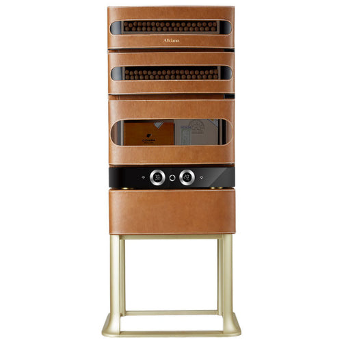 Afidano 250 count cigar humidor in black with Spanish cedar lining and digital controls, designed for luxury cigar storage and preservation.