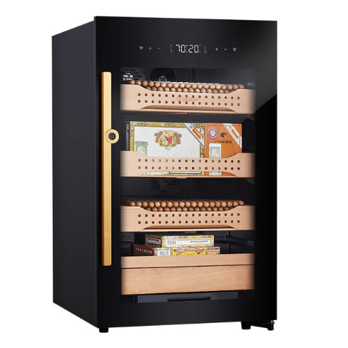 Afidano B2 electric cigar humidor with low-E glass door, Spanish cedar drawers, fingerprint lock, touch control panel, and climate control system for storing up to 850 cigars.

