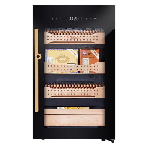 Afidano B2 electric cigar humidor with low-E glass door, Spanish cedar drawers, fingerprint lock, touch control panel, and climate control system for storing up to 850 cigars.

