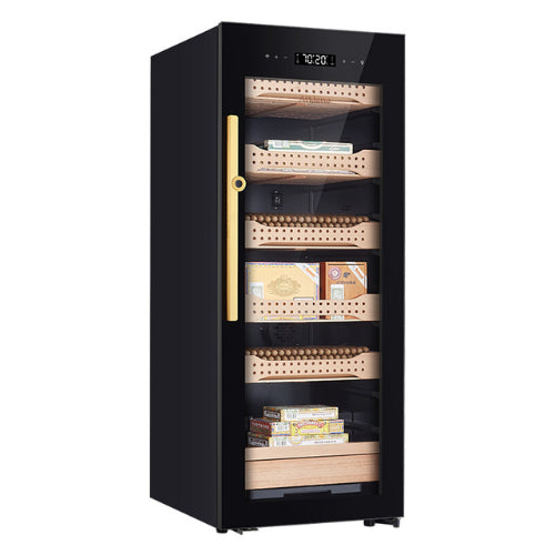 Afidano B4 electric cigar humidor with low-E glass door, Spanish cedar drawers, fingerprint lock, LED lighting, and precision climate control for storing up to 1,200 cigars.
