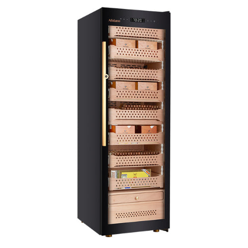 Afidano B8 luxury cigar humidor with low-E glass door, Spanish cedar drawers, fingerprint lock, LED lighting, and advanced touch control climate system for storing up to 2,200 cigars.
