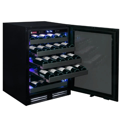 Allavino Reserva 50 bottle single zone wine refrigerator with black stainless steel finish, Tru-Vino temperature control, and UV-resistant glass door.