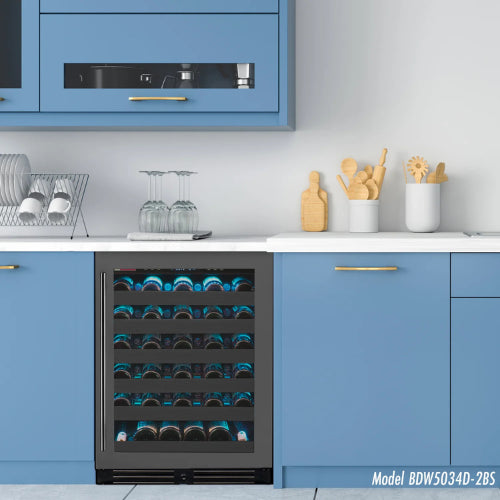 Allavino Reserva 50 bottle single zone wine refrigerator with black stainless steel finish, Tru-Vino temperature control, and UV-resistant glass door.