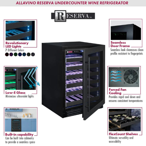 Allavino Reserva 50 bottle single zone wine refrigerator with black stainless steel finish, Tru-Vino temperature control, and UV-resistant glass door.