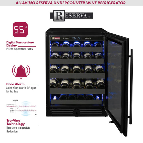 Allavino Reserva 50 bottle single zone wine refrigerator with black stainless steel finish, Tru-Vino temperature control, and UV-resistant glass door.