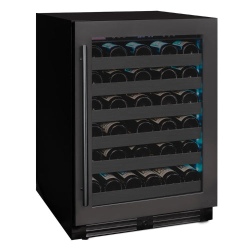Allavino Reserva 50 bottle single zone wine refrigerator with black stainless steel finish, Tru-Vino temperature control, and UV-resistant glass door.