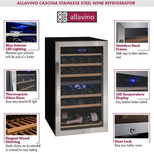 Allavino Cascina 28 bottle dual zone wine refrigerator with stainless steel door, UV-resistant glass, dual temperature control, and wood-accented shelving.


