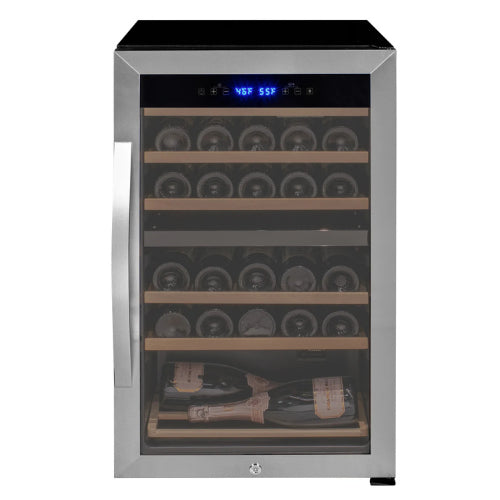 Allavino Cascina 28 bottle dual zone wine refrigerator with stainless steel door, UV-resistant glass, dual temperature control, and wood-accented shelving.

