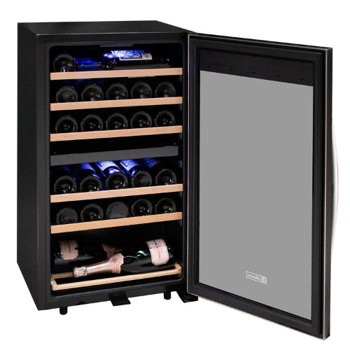 Allavino Cascina 28 bottle dual zone wine refrigerator with stainless steel door, UV-resistant glass, dual temperature control, and wood-accented shelving.


