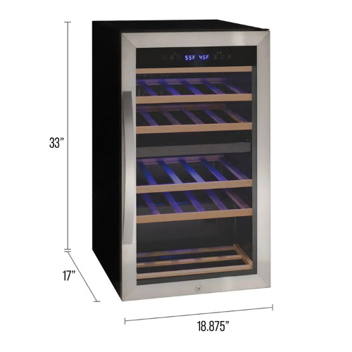 Allavino Cascina 28 bottle dual zone wine refrigerator with stainless steel door, UV-resistant glass, dual temperature control, and wood-accented shelving.

