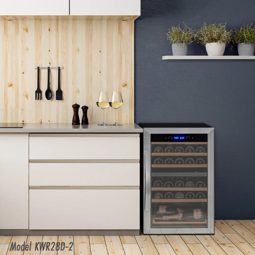 Allavino Cascina 33 bottle single zone wine refrigerator with stainless steel framed glass door, digital control, Tru-Vino-style cooling, and wood-accented shelving.

