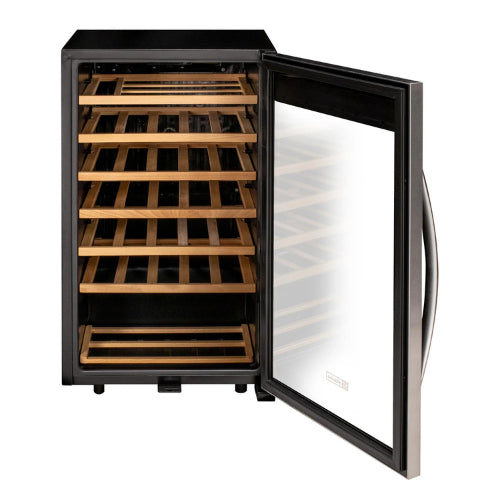 Allavino Cascina 33 bottle single zone wine refrigerator with stainless steel framed glass door, digital control, Tru-Vino-style cooling, and wood-accented shelving.

