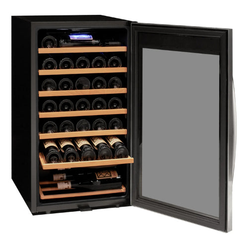 Allavino Cascina 33 bottle single zone wine refrigerator with stainless steel framed glass door, digital control, Tru-Vino-style cooling, and wood-accented shelving.

