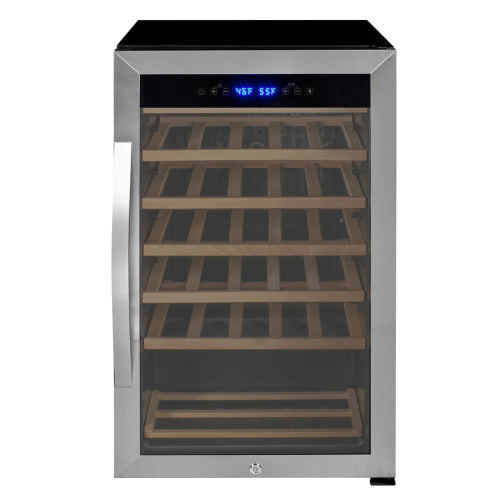 Allavino Cascina 33 bottle single zone wine refrigerator with stainless steel framed glass door, digital control, Tru-Vino-style cooling, and wood-accented shelving.