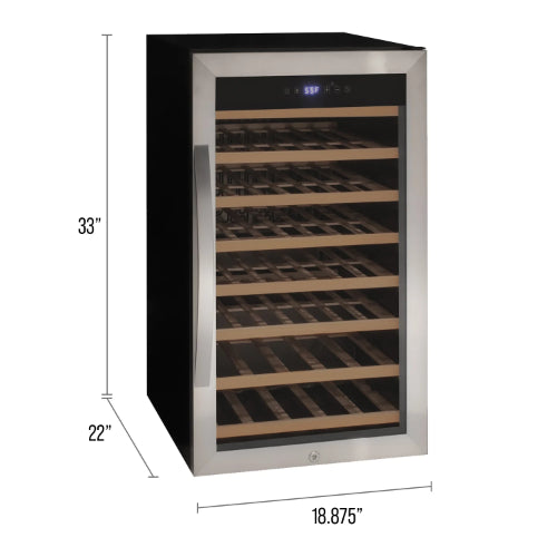 Allavino Cascina 50 bottle single zone wine cooler with stainless steel framed glass door, wood shelves, Tru-Vino cooling, and compact freestanding design.
