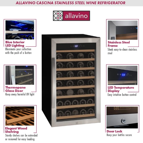 Allavino Cascina 50 bottle single zone wine cooler with stainless steel framed glass door, wood shelves, Tru-Vino cooling, and compact freestanding design.