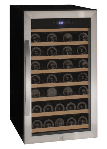 Allavino Cascina 50 bottle single zone wine cooler with stainless steel framed glass door, wood shelves, Tru-Vino cooling, and compact freestanding design.