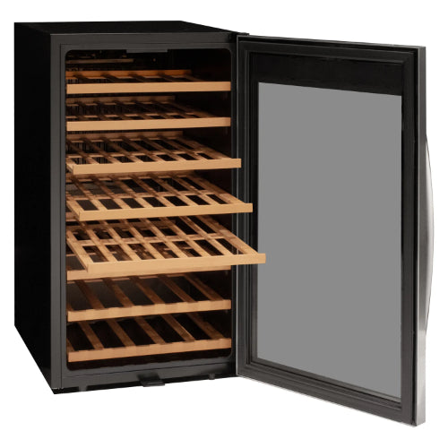 Allavino Cascina 50 bottle single zone wine cooler with stainless steel framed glass door, wood shelves, Tru-Vino cooling, and compact freestanding design.