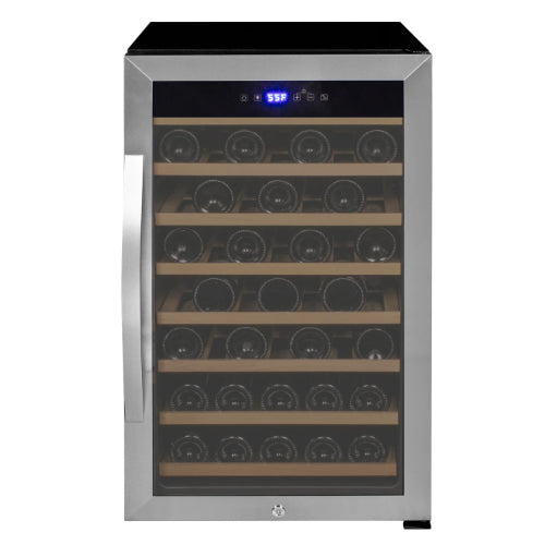 Allavino Cascina 50 bottle single zone wine cooler with stainless steel framed glass door, wood shelves, Tru-Vino cooling, and compact freestanding design.