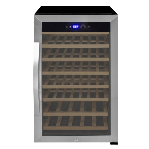 Allavino Cascina 50 bottle single zone wine cooler with stainless steel framed glass door, wood shelves, Tru-Vino cooling, and compact freestanding design.