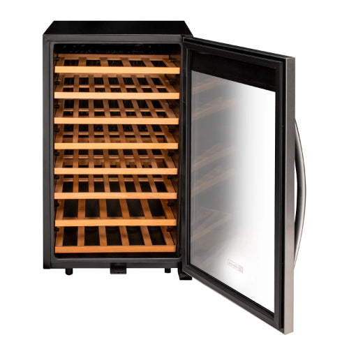 Allavino Cascina 50 bottle single zone wine cooler with stainless steel framed glass door, wood shelves, Tru-Vino cooling, and compact freestanding design.