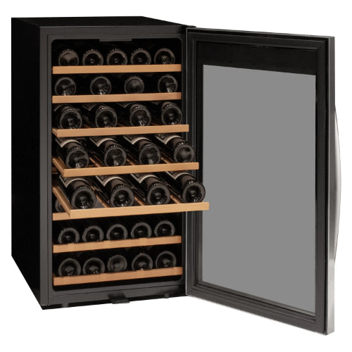 Allavino Cascina 50 bottle single zone wine cooler with stainless steel framed glass door, wood shelves, Tru-Vino cooling, and compact freestanding design.