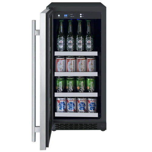 Allavino FlexCount II 15-inch beverage center with stainless steel door, Tru-Vino temperature control, UV-resistant glass, and adjustable FlexCount shelving for up to 64 cans.

