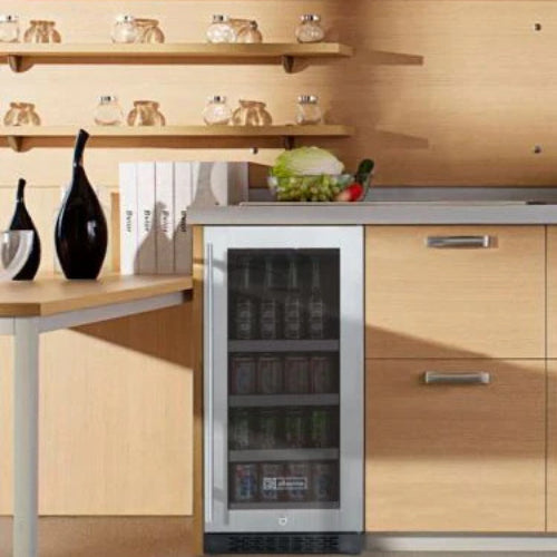 Allavino FlexCount II 15-inch beverage center with stainless steel door, Tru-Vino temperature control, UV-resistant glass, and adjustable FlexCount shelving for up to 64 cans.

