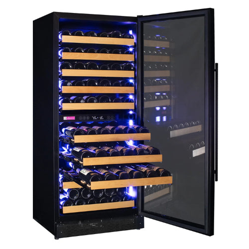Allavino Reserva 119 bottle single zone wine refrigerator with black glass door, Tru-Vino temperature control, and FlexCount shelving.