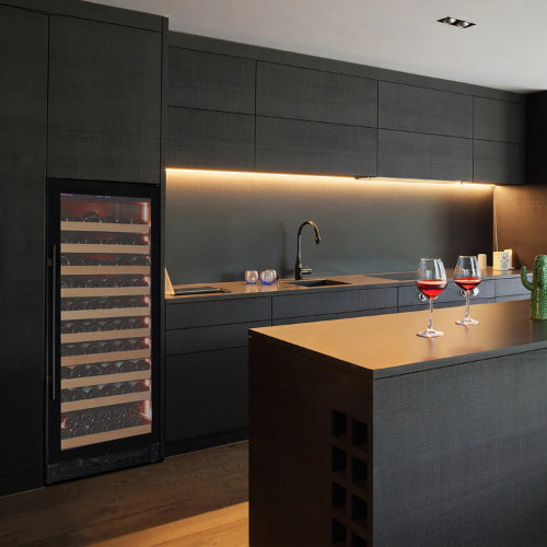 Allavino Reserva 119 bottle single zone wine refrigerator with black glass door, Tru-Vino temperature control, and FlexCount shelving.