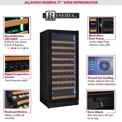 Allavino Reserva 119 bottle single zone wine refrigerator with black glass door, Tru-Vino temperature control, and FlexCount shelving.