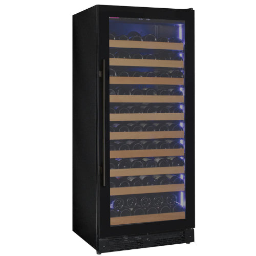 Allavino Reserva 119 bottle single zone wine refrigerator with black glass door, Tru-Vino temperature control, and FlexCount shelving.