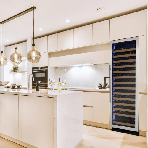 Allavino Reserva 163 bottle single zone wine refrigerator with stainless steel frame, UV-resistant glass, Tru-Vino cooling, and FlexCount glide-out shelves.