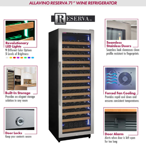 Allavino Reserva 163 bottle single zone wine refrigerator with stainless steel frame, UV-resistant glass, Tru-Vino cooling, and FlexCount glide-out shelves.