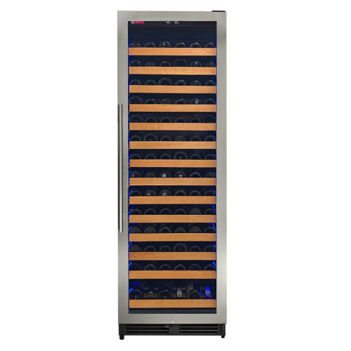 Allavino Reserva 163 bottle single zone wine refrigerator with stainless steel frame, UV-resistant glass, Tru-Vino cooling, and FlexCount glide-out shelves.