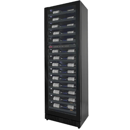 Luxury dual zone wine refrigerator by Allavino with black glass door, customizable interior lighting, and elegant wood-slat shelving in a tall slim design.