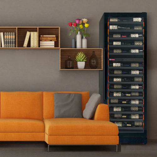 Luxury dual zone wine refrigerator by Allavino with black glass door, customizable interior lighting, and elegant wood-slat shelving in a tall slim design.