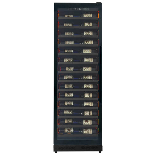Allavino Reserva 67 bottle single zone wine refrigerator with black UV-protective glass door, Tru-Vino temperature control, and glide-out metal-front shelving.
