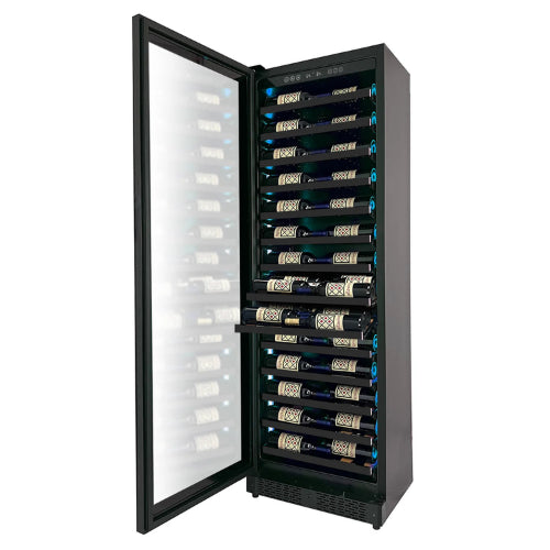 Allavino Reserva 67 bottle single zone wine refrigerator with black UV-protective glass door, Tru-Vino temperature control, and glide-out metal-front shelving.