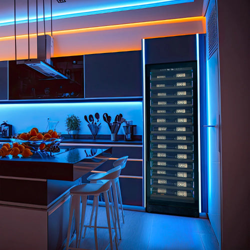 Allavino Reserva 67 bottle single zone wine refrigerator with black UV-protective glass door, Tru-Vino temperature control, and glide-out metal-front shelving.