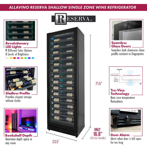 Allavino Reserva 67 bottle single zone wine refrigerator with black UV-protective glass door, Tru-Vino temperature control, and glide-out metal-front shelving.