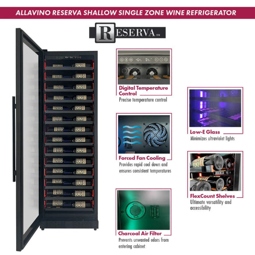 Allavino Reserva 67 bottle single zone wine refrigerator with black UV-protective glass door, Tru-Vino temperature control, and glide-out metal-front shelving.