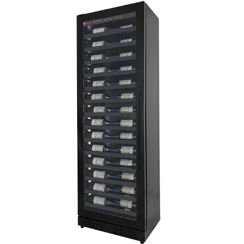 Allavino Reserva 67 bottle single zone wine refrigerator with black UV-protective glass door, Tru-Vino temperature control, and glide-out metal-front shelving.