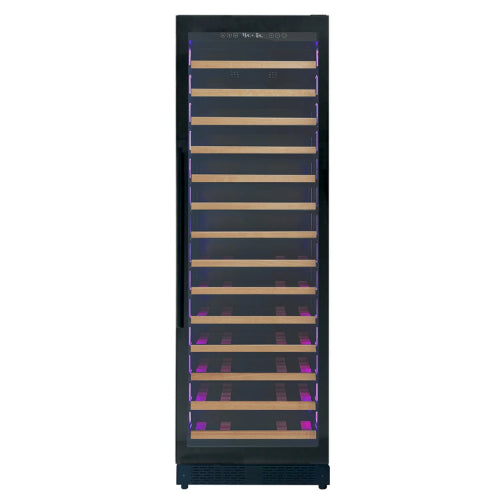 Allavino Reserva 67 bottle single zone wine refrigerator with black UV-resistant glass door, Tru-Vino temperature control, and adjustable wood-front shelves.