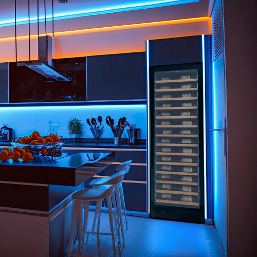 Allavino Reserva 67 bottle single zone wine refrigerator with black UV-resistant glass door, Tru-Vino temperature control, and adjustable wood-front shelves.