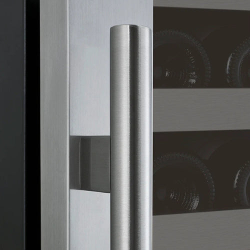 Stainless steel single zone wine refrigerator by Allavino featuring UV-protected glass, soft blue lighting, and sleek wood-accented shelving in a modern build.

