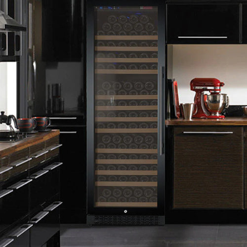 Allavino FlexCount II 177 bottle single zone wine refrigerator with black glass door, Tru-Vino cooling, wood-trimmed FlexCount shelving, and left-hinge design.