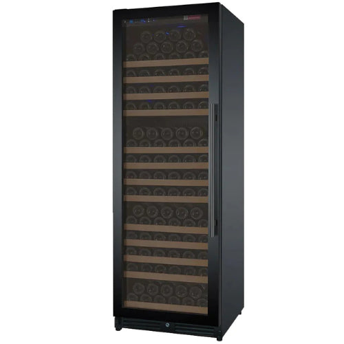 Allavino FlexCount II 177 bottle single zone wine refrigerator with black glass door, Tru-Vino cooling, wood-trimmed FlexCount shelving, and left-hinge design.
